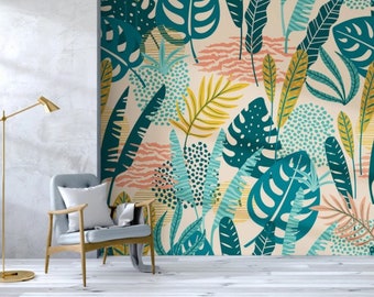 Tropical Leaves Fresh Wallpaper Peel and Stick Wall Art Easy Removable Soft Floral Wallpaper Flowers Watercolor Wall Mural Living Room