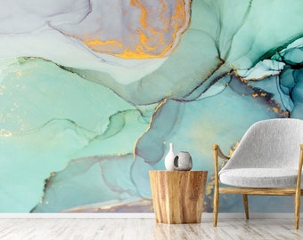 Green Marble Peel and Stick Wallpaper, Abstract Wall Art Mural, Removable Oil Ink Pattern for Modern Living Room Decor