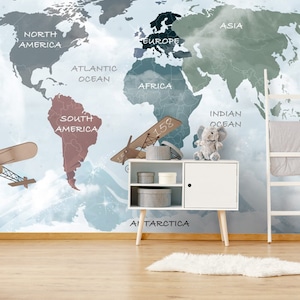 Colorido mapa del mundo para niños Papel tapiz Pelar y pegar Fácil extraíble Autoadhesivo Papel pintado para niños Guardería Pared Mural Animales Mapas