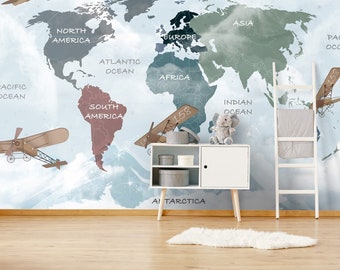 Colorful  World Map for Kids Wallpaper  Peel and Stick Easy Removable Self Adhesive  Child Room Wallpaper Nursery Wall Mural Animals Maps