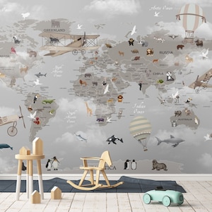 Weltkarte Kinder Tapete Peel and Stick Heißluftballons Karte abnehmbar selbstklebend Kinderzimmer Tapete Kinderzimmer Wand wandbild Tiere Karte