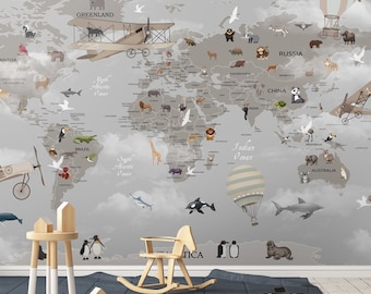 World Map Kids Wallpaper  Peel and Stick Hot air Balloons Map Removable Self Adhesive Child Room Wallpaper Nursery Wall Mural Animals Map
