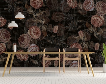 Dark Rose Wallpaper Peel and Stick Rose Texture Wall Mural Wall Art Easy Removable Pattern Wall Mural Watercolor Floral Seamless