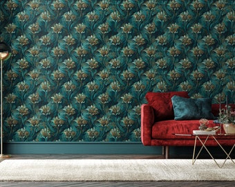 Dark Green Floral Wallpaper: Realistic Peel and Stick Wall Mural