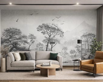 Nature Landscape Wall Mural, Black and White Forest Wallpaper, Custom Color Wall Art, Modern Living Room Feature Wall, Made to Measure Mural