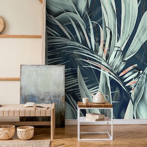 Tropical Palm Leaves Wallpaper: Green Watercolor Wall Mural, Peel and Stick