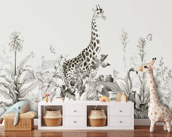 Kids Safari Jungle Animals Wallpaper, Removable Wallpaper, Peel and Stick Wallpaper Wall Paper Wall Mural, Kids Jungle Wall Mural