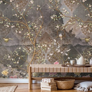 Floral Bird Tree Wallpaper Mural: Peel and Stick Wall Art