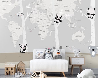 Cute Pandas and Koalas World Map for Kids Wallpaper Peel and Stick Easy Removable Self Adhesive  Child Room Wallpaper Nursery Wall Mural