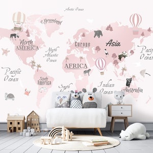 Rosa Farben Weltkarte für Kinder Tapete Peel and Stick Leicht abnehmbar selbstklebend Kinderzimmer Tapete Kinderzimmer Wand wandbild Tiere Karten