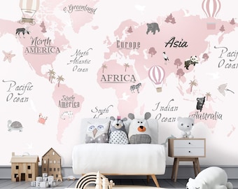 Pink Color World Map for Kids Wallpaper  Peel and Stick Easy Removable Self Adhesive  Child Room Wallpaper Nursery Wall Mural Animals Maps