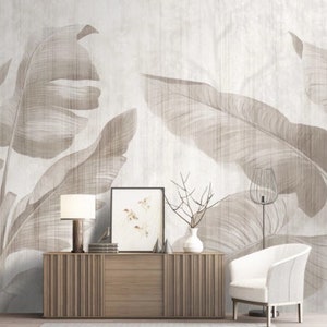 Carta da parati con foglie tropicali dai colori tenui, murale con palme grigie, stacca e attacca, arte murale rimovibile, carta da parati con foglie dorate vintage
