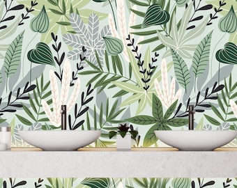 Green Tropical Leaves Wallpaper Botanical Palm Tropical Wall Mural Peel and Stick Wall Art Removable Vintage Gold Leaves Wallpaper