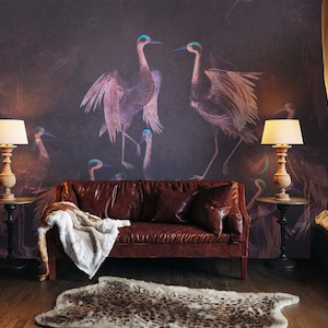 Dark Crane Birds Wallpaper: Vintage Chinoiserie Wall Mural