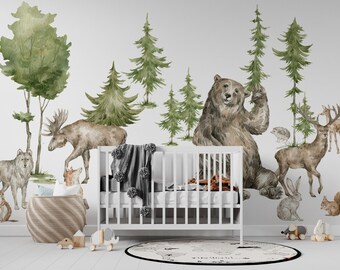 Kids Wall Decal - Trees and Animals Peel and Stick Wall Decal  Tropical and Animals Baby Room Sticker Nursery  Removable Wall Stick