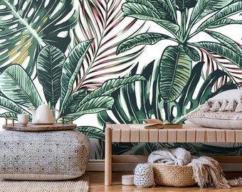 Tropical Palm Leaves Wallpaper Green Leaves Palm Wall Mural Peel and Stick Wall Art Easy Removable Vintage Watercolor Fllowers Wallpaper