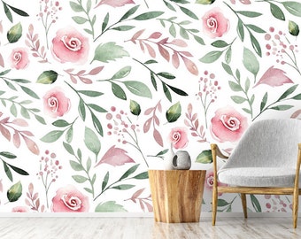 Floral Leaf and Flowers Wallpaper Peel and Stick Wall Art Easy Removable Pattern Wallpaper Flowers Seamless Watercolor Pattern Wall Mural
