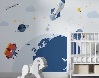 Cartoon Space and Planets Nursery Wall Mural Galaxy and World Map Wallpaper Peel and Stick Easy Removable Self Adhesive Kids Wallpaper Child