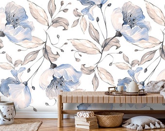 Spring Flowers Wallpaper Soft Blue Floral Wall murals Peel and Stick Wall Art Easy Removable Pattern Flowers Seamless Pattern Wall Mural