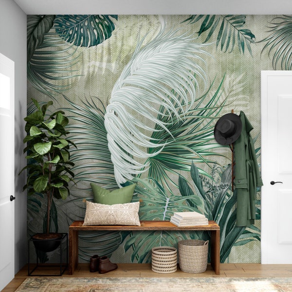 Tropical Leaves Wallpaper Green Leaves Palm Wall Mural Peel and Stick Wall Art Easy Removable Vintage Watercolor Fllowers Wallpaper