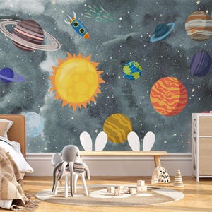 Carta da parati murale per cameretta dei bambini con spazio e pianeti, carta da parati con astronauti, staccabile e facile da rimuovere, autoadesiva, per bambini, carta da parati per cameretta dei bambini