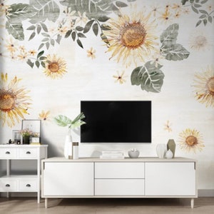 Sunflower and Leaves Wallpaper Dark Flowers Peel and Stick Wall Art Easy Removable Wallpaper Flowers Seamless Pattern Wall Mural image 2