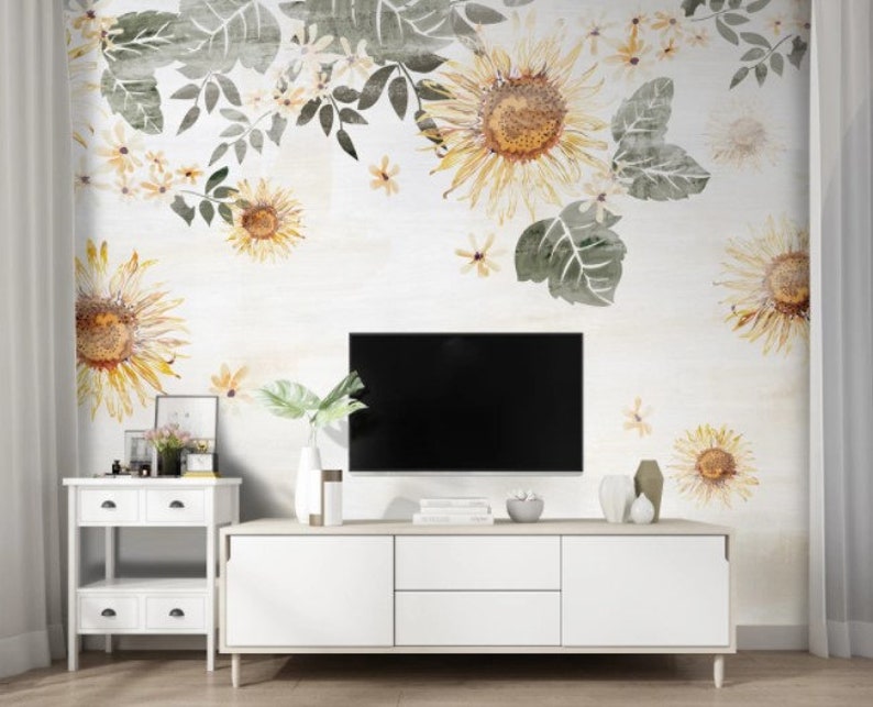 Sunflower and Leaves Wallpaper Dark Flowers Peel and Stick Wall Art Easy Removable Wallpaper Flowers Seamless Pattern Wall Mural image 2