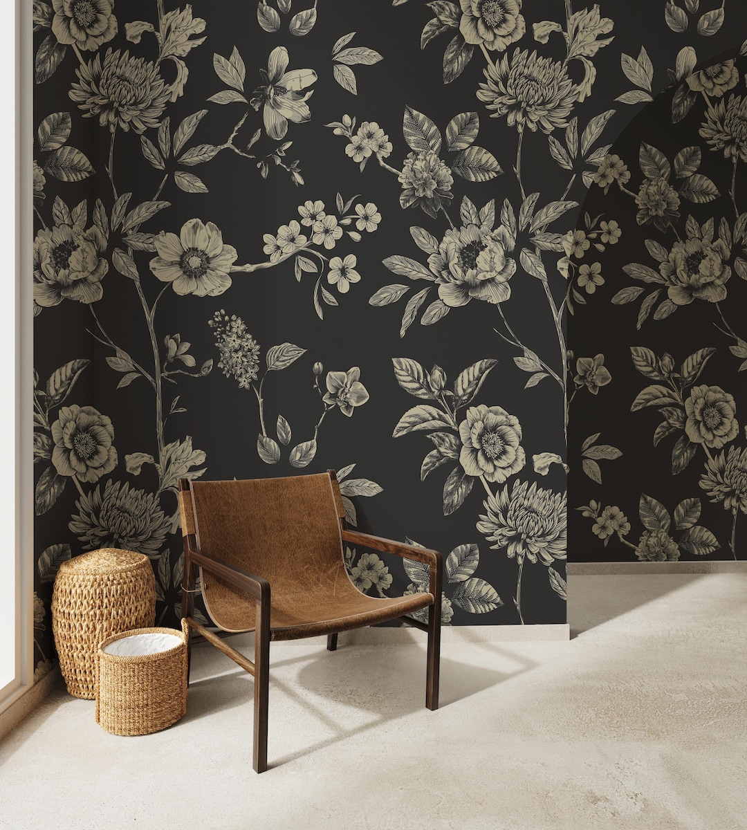 Black Floral Peel and Stick Wallpaper: Modern Botanical Wall Mural - Etsy