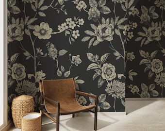 Black Floral Wallpaper – Modern Botanical Wall Mural | Dark Romantic Wall Decor | Peel and Stick or Removable Wallpaper