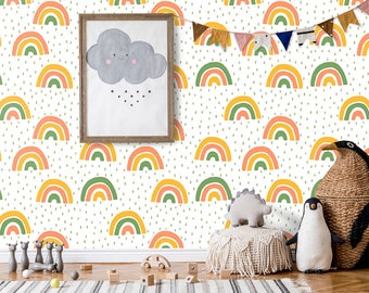 Cute Rainbow and Rain Wallpaper Nursery Wall Mural Peel and Stick Easy Removable Self Adhesive Kids Wallpaper Child Room Wallpaper