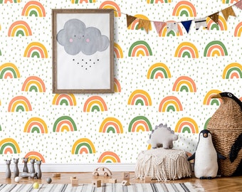 Cute Rainbow and Rain Wallpaper Nursery Wall Mural Peel and Stick Easy Removable Self Adhesive Kids Wallpaper Child Room Wallpaper