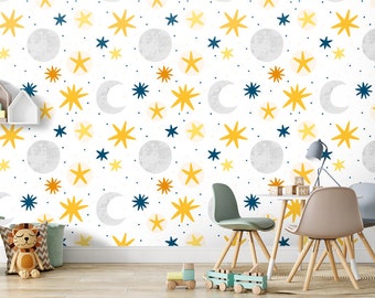 Moon and Stars Nursery Wall Mural Kids Wallpaper Peel and Stick Easy Removable Self Adhesive Kids Wallpaper Child Room Wallpaper