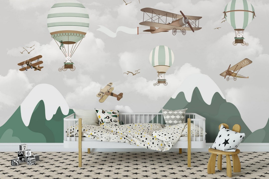 Kids Wallpaper Hot Air Balloons Peel and Stick Air Plane Easy Removable