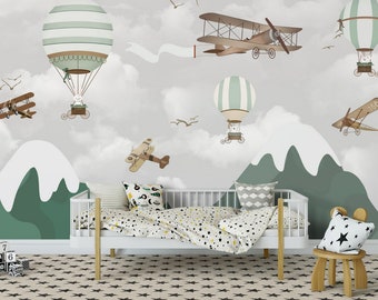 Kids Wallpaper Hot Air Balloons Peel and Stick Air Plane Easy Removable Nursery Wall Mural Self Adhesive Kids Wallpaper Child Room Wallpaper