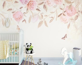 Watercolor Rose Flowers Wallpaper Peel and Stick Wall Art Easy Removable Soft Floral Wallpaper Flowers Watercolor Wall Mural Living Room