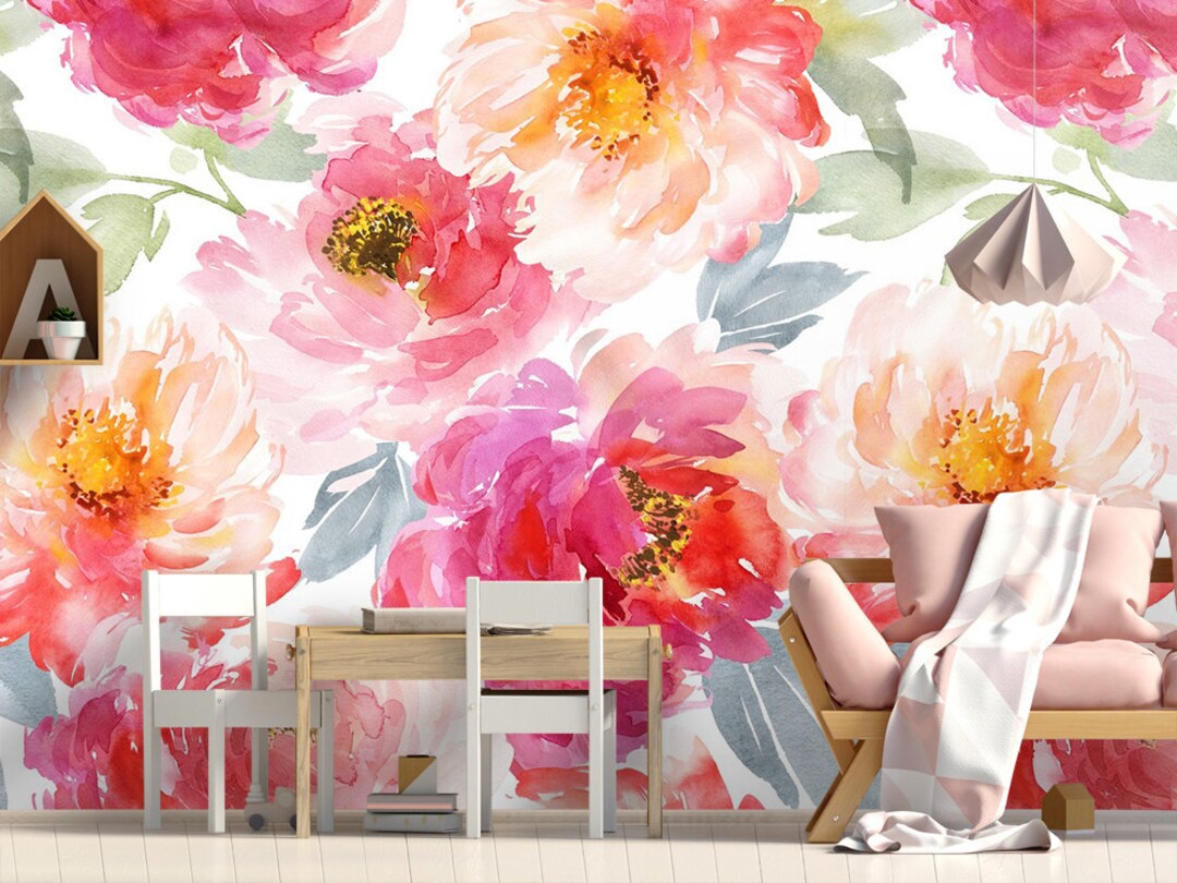 Pink Peony Wallpaper Mural: Vintage Watercolor Flower Wall Art (peel ...