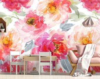 Pink Watercolor Vintage Flower Wallpaper Pink Peony Wall Mural Peel and Stick Wall Art Easy Removable Pattern Watercolor Flowers Wallpaper