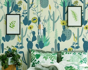 Plant Cactus Wallpaper Nursery Wall Mural Kids Wallpaper Peel and Stick Easy Removable Self Adhesive Kids Wallpaper Child Room Wallpaper