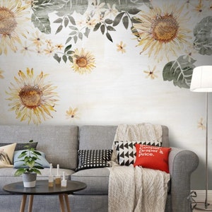 Sunflower and Leaves Wallpaper Dark Flowers Peel and Stick Wall Art Easy Removable Wallpaper Flowers Seamless Pattern Wall Mural