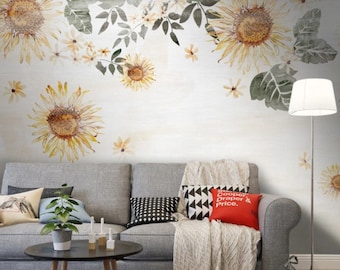 Sunflower and Leaves Wallpaper Dark Flowers Peel and Stick Wall Art Easy Removable Wallpaper Flowers Seamless Pattern Wall Mural