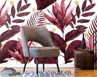 Tropical with Plant Leaves Wallpaper Botanical Leafs Wall Mural Peel and Stick Wall Art Removable Vintage Wallpaper