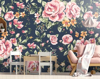 Pink Rose Floral Wallpaper Dark Background Wall Mural Peel and Stick Wall Art Easy Removable Vintage Watercolor Fllowers Wallpaper