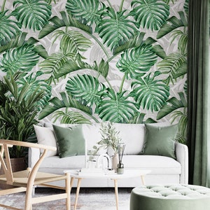 Tropical Wallpaper Green Palm Leaves Wall Mural   Removable Wallpaper Peel and Stick Removable Wallpaper Living Room Decor  Bedroom Decor