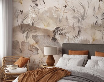 Watercolor Vintage Forest Wallpaper- Peel and Stick Forest Tropical Landscape Wall Mural- Crane Birds Wallpaper