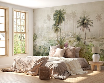 Tropical Wallpaper, Botanical Trees  Peel and Stick Wall Mural, Removable Wallpaper, Living Room Decor Style Bedroom  Wall Mural