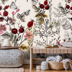 Acquerello Vintage Floreale Carta da parati Farfalla Murale Peel and Stick Wall Art Facile modello rimovibile Soggiorno Camera dei bambini Cafe Decor