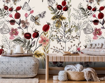 Watercolor Vintage Floral Wallpaper Butterfly Wall Mural Peel and Stick Wall Art Easy Removable Pattern Living Room Kids Room Cafe Decor