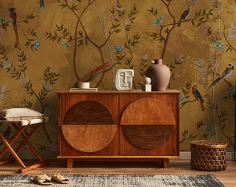 Gold Color Floral Wallpaper |  Botanical with Birds Wall Mural |  Peel and Stick, Traditional Removable Wallpaper, Asian Wallpaper