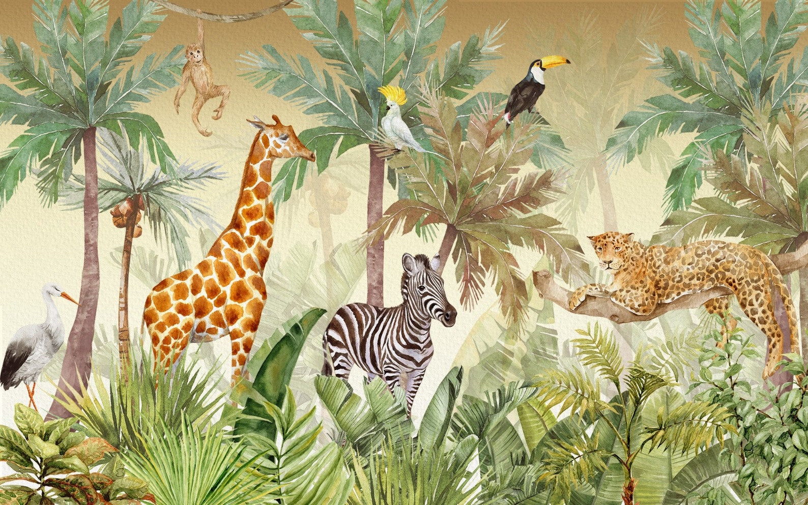 Kids Wallpaper Jungle Safari Animals Tropical Wallpaper Etsy