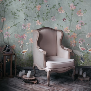 Chinoiserie Crane Wallpaper: Tropical Floral Peel and Stick Mural